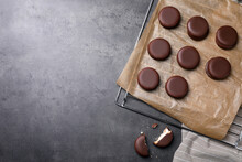 Tasty Choco Pies On Grey Table, Flat Lay. Space For Text