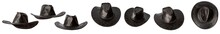 Set Black Classic Wide Brim Cowboy Hat In Multiple Positions Isolated On White Background