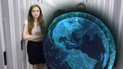 Sticker - Animation of globe over diverse people in server room