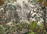 Wallpaper of tropical jungle, palms, bananas, tropical birds, Gruiformes, doves, owls, scorpions, old style, vintage painting