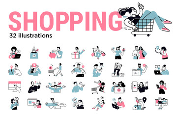 shopping concept illustrations. set of illustrations of men and women in various activities of onlin