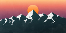 Art Banner In Vintage Style With Mountains. Image With Landscape And Sun At Sunset.