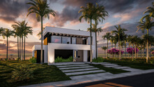 3d Rendering Of Modern Cozy House With Pool And Parking For Sale Or Rent In Luxurious Style By The Sea Or Ocean. Sunset Evening By The Azure Coast With Palm Trees And Flowers In Tropical Island