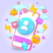 3D Online Social media communication platform concept. Comment and Follower. Phone with emoji, comment, love, like. 3d render illustration