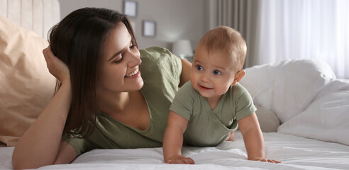 Sticker - Happy young mother with her cute baby at home. Banner design