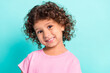 Photo of young lovely small hispanic girl happy positive toothy smile isolated over turquoise color background