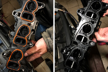 Intake manifold for car engine before and after cleaning process.