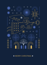 Christmas Card. Flying Christmas Angel And Xmas Star. Vector Illustration In Minimal Geometric Style
