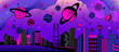 Retro style posters with futuristic city. Futuristic cityscape in black white, panorama with modern buildings and skyscrapers, sketch with space und universe, future cityscape.	