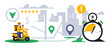Online food delivery service to your home. A courier on a scooter carries food. Route to the delivery home. Five star rating, stopwatch, city, map, address, gps, sign. Vector illustration