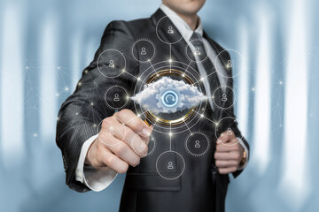 businessman explores cloud data updated on blurred background.