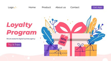 Loyalty program landing page template. Promotion of online shop bonus or reward. Modern flat vector illustration for advertisement. Seasonal discount website sale banner with people