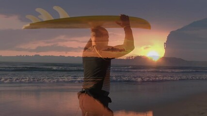 Canvas Print - Animation of sunset over african american man holding surfing board and walking on beach