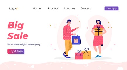 Big sale landing page template. Promotion of online shop bonus or reward. Modern flat vector illustration for advertisement. Seasonal discount website sale banner with people