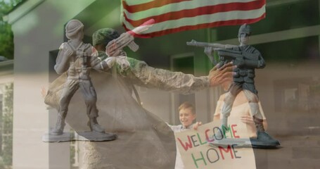 Wall Mural - Animation of happy caucasian family with american flags over toy soldiers