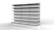 Set of white empty store shelves. Retail white shelf rack. Showcase display. Mockup template ready for your design. 3D rendering illustration. Isolated on white background. Gondola style.	