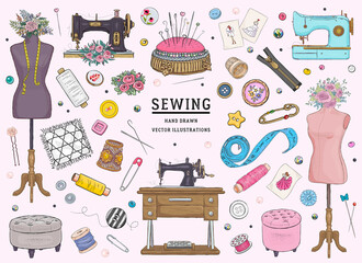 Wall Mural - Vector hand drawn sewing retro set. Collection of highly detailed hand drawn sewing tools isolated on background