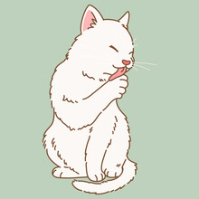 Hand Drawn White Cat Sitting And Grooming Illustration