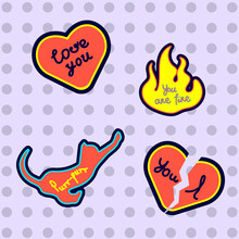 Trendy Patch Badges With Hearts, Cat, Fire And Other Elements. Vector Illustration. Set Of Stickers, Pins, Patches In Cartoon Style.
