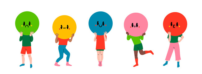 Wall Mural - Playful people holding large circles with faces instead of heads. Big round colorful heads with various Emotions. Different mood concept. Hand drawn Vector illustration. Every person is isolated
