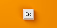 Single, white computer keyboard escape key over orange background, stop, quit or exit business concept, flat lay top view from above