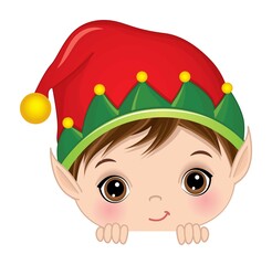 Wall Mural - Cute Elf Boy Playing Peekaboo. Vector Peek a Boo Elf Boy