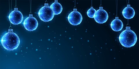 Wall Mural - Abstract Christmas digital web banner template with glowing Christmas ornaments, baubles and copy space on dark blue