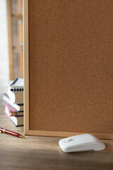 Canvas Print - Cork board frame background on table in office. Student home workplace