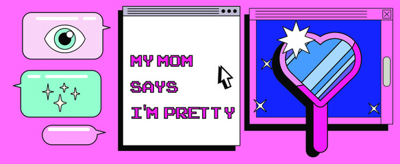 Retrowave user interface, retro operating system with message boxes and folders. Cute vaporwave vector illustration.
