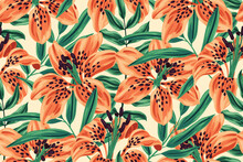 A Tropical Floral Pattern With Large Tiger Lily Buds And Lush Foliage. Seamless Pattern With Exotic Flowers And Leaves. A Dense Flower Arrangement On A White Background. Vector Illustration.