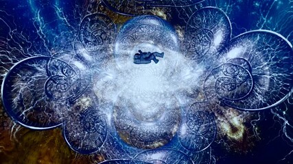 Astronaut in endless spaces. Bright galaxy and time spirals