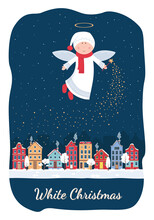 Merry Christmas Postcard. Cute Sleepy Angel Flies Over The Night City With The Magic Wand In Hand. Cartoon. Vector Illustration.
