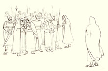 Pharisees And High Priests With Soldiers In Gethsemane. Pencil Drawing