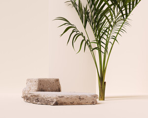 Wall Mural - Stones podium product presentation, minimal scene with green tropical leaves for product display, object placement mockup 3d rendering.