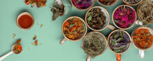 Assortment Of Dried Relaxing Tea Herbs In Colourful Cups On Mint Green Background With Honey. Calendula, Mint, Anise Hyssop, Monarda Didyma, Wormwood, Sage Leaves.