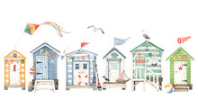 Summer Panoramic Banner, Card, Print With Beach Huts, Seagulls And Design Elements, Symbols Hobbies And Leisure On Coast Sea, Ocean Or Lake. Marine Watercolor Illustration Isolated On White Background