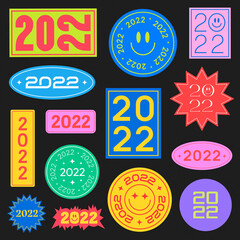 Poster - Cool Trendy 2022 Stickers Collection. Happy New Year Background with Patches. Vector Badges.