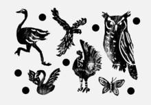 Set Of Abstract Wild Animals. Jungle, Forest Bird. Ostrich, Eagle, Owl, Swan, Rooster, Butterfly. Set Of Contemporary Asian Art Print Templates. Ink Animals Vector Illustration.