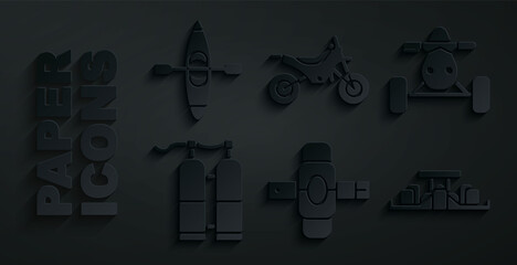 Wall Mural - Set Knee pads, ATV motorcycle, Aqualung, Formula 1 racing car, Mountain bike and Kayak canoe icon. Vector