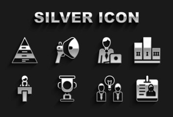 Sticker - Set Award cup, over winner podium, Identification badge, People with lamp bulb, Stage stand or tribune, Businessman, Pyramid chart infographics and Megaphone icon. Vector