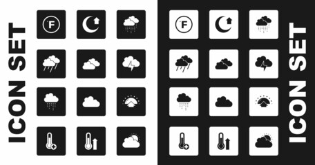 Sticker - Set Cloud with rain, Fahrenheit, Storm, Moon, Sunrise and icon. Vector