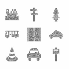 Sticker - Set Road, Police car and flasher, traffic signpost, Taxi, Traffic cone, Bus, Rocket ship with fire and Cargo boxes icon. Vector