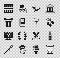 Sticker - Set Ancient lyre, Bottle of wine, Olives branch, Hunting horn, Greek history book, column, pattern and Neptune Trident icon. Vector