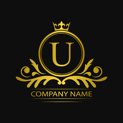 Wall Mural - Golden letter U template logo Luxury gold letter with crown. Monogram alphabet . Beautiful royal initials letter.	