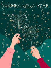 Wall Mural - Hands holding sparklers. Celebrating Merry Christmas and Happy New Year. Design for greeting card, festive poster, background. Vector illustration