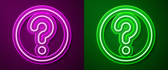 Canvas Print - Glowing neon line Unknown search icon isolated on purple and green background. Magnifying glass and question mark. Vector