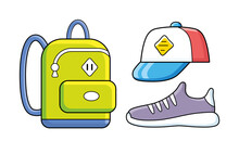 Green School Bag Or Travel Backpack, Baseball Cap And Black White Modern Running Sport Sneaker Shoe Isolated Cartoon Vector Icons.