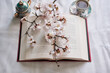 © Cavan Images - Still life of a book, coffee cups and almond blossoms. Reading concept