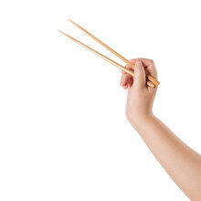 Hand Holding Chopsticks Isolated On White Background.