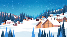 Snow Covered Buildings In Winter Season Residential Houses Area Ski Resort Concept New Year And Christmas Celebration